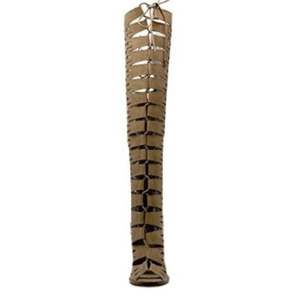 Tan Cutout Lace up Knee-high boots with Peep Toe - Picture 3 of 6